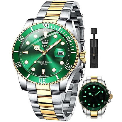 Luxury Green Men's Watch: OLEVS Classic Gold & Silver Tone – Front View