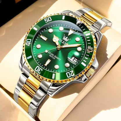 Luxury Green Men's Watch: OLEVS Classic Gold & Silver Tone – Side View