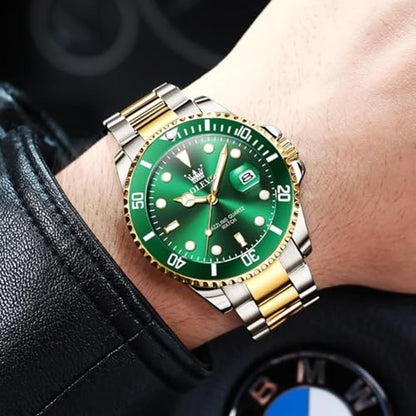 Luxury Green Men's Watch: OLEVS Classic Gold & Silver Tone – Close-up Detail