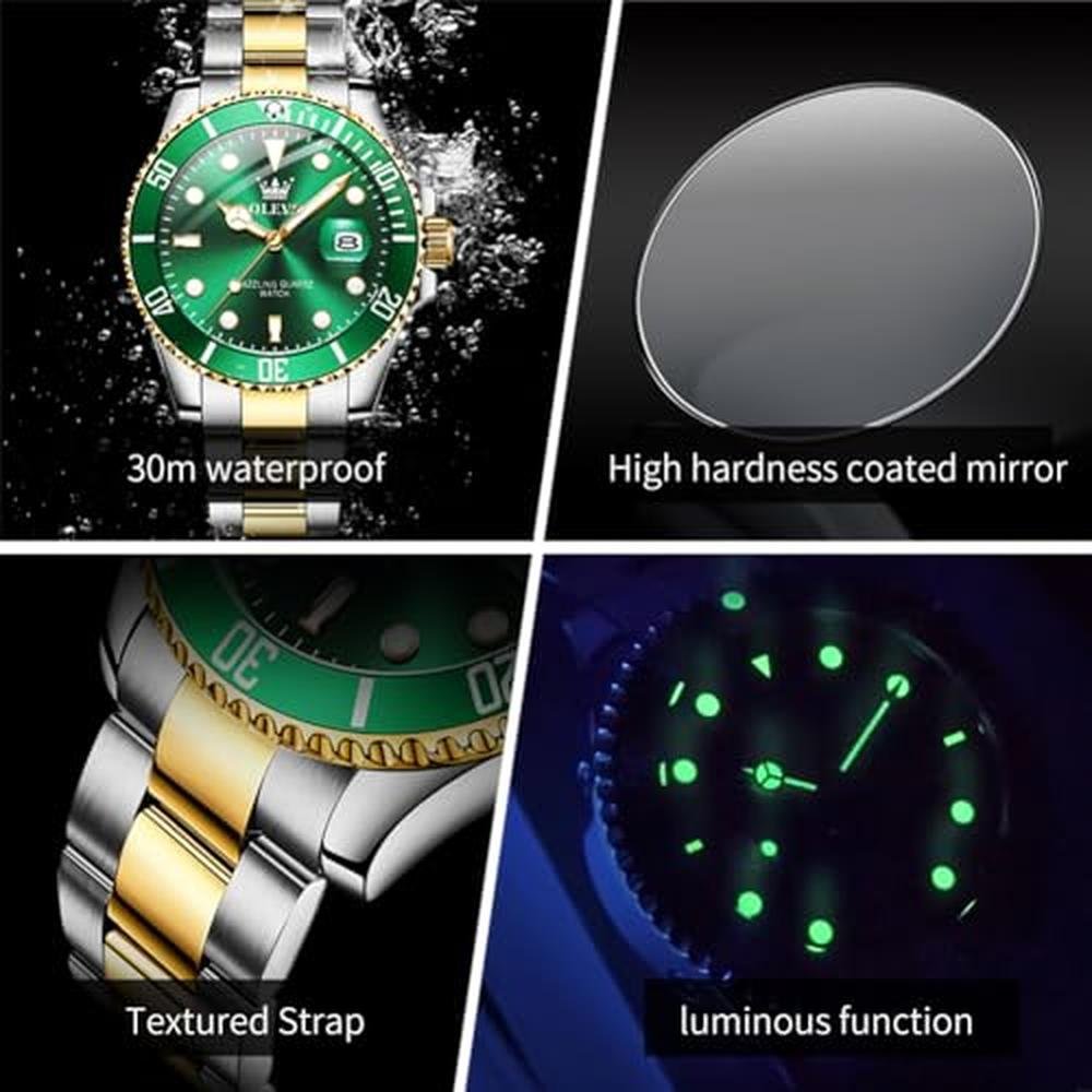 Luxury Green Men's Watch: OLEVS Classic Gold & Silver Tone – In Use