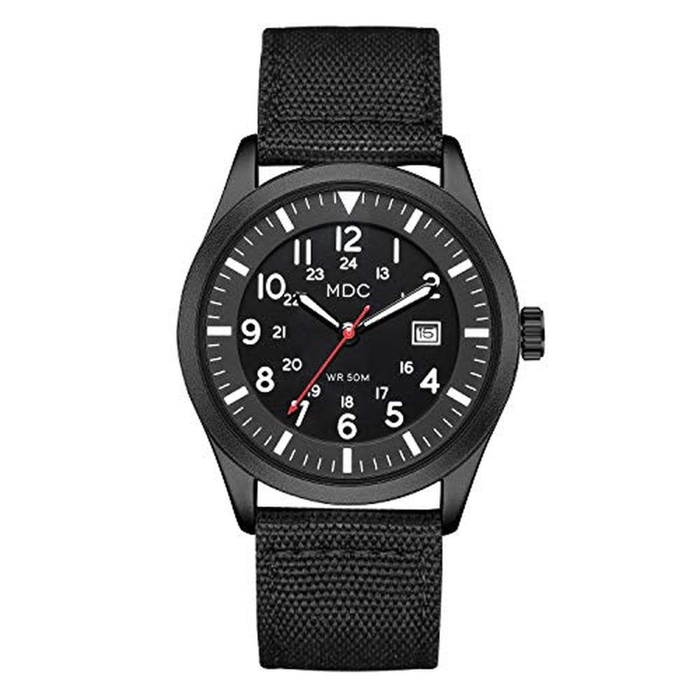 Waterproof Watch: Black Military Analog Wrist Watch 5ATM – Front View