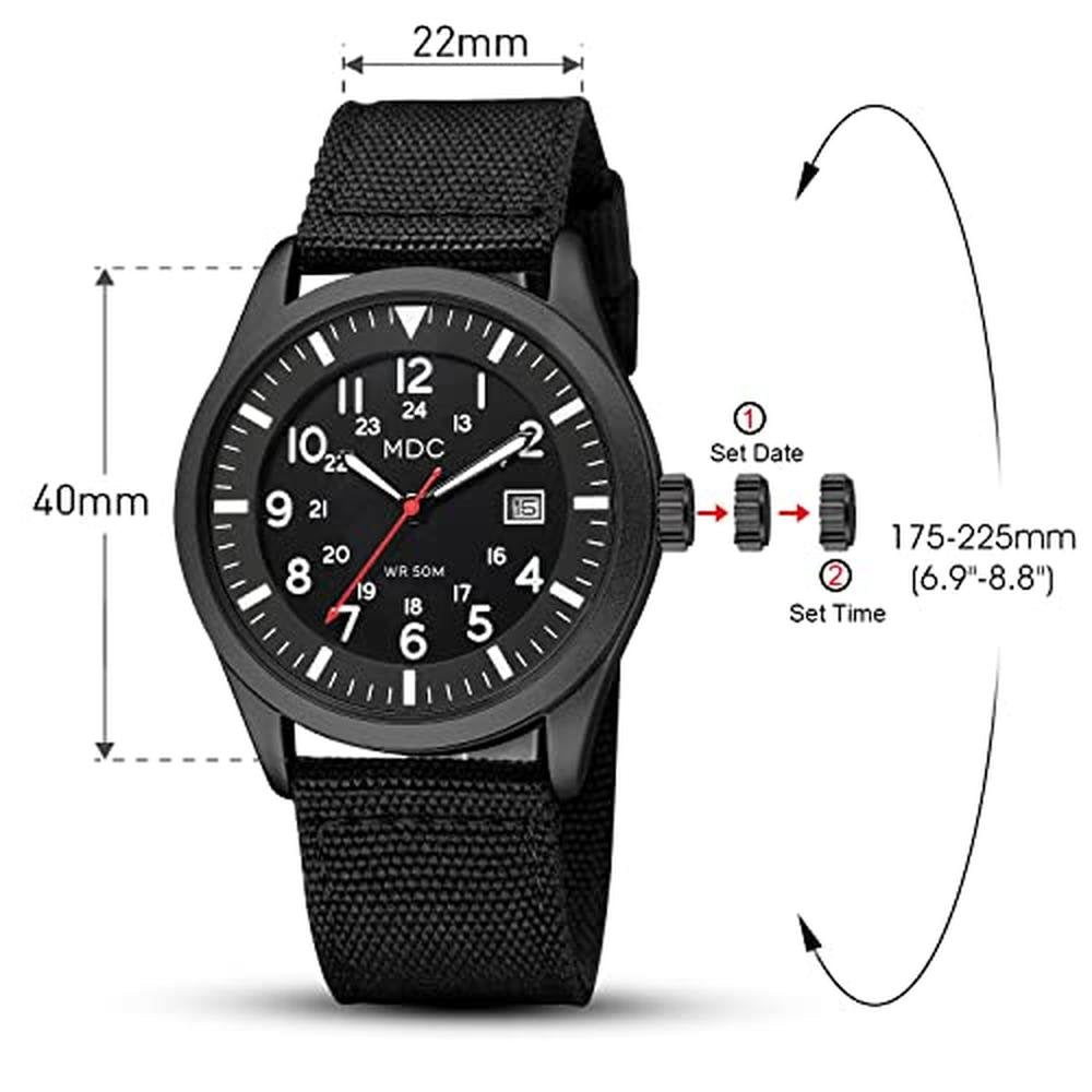 Waterproof Watch: Black Military Analog Wrist Watch 5ATM – Side View