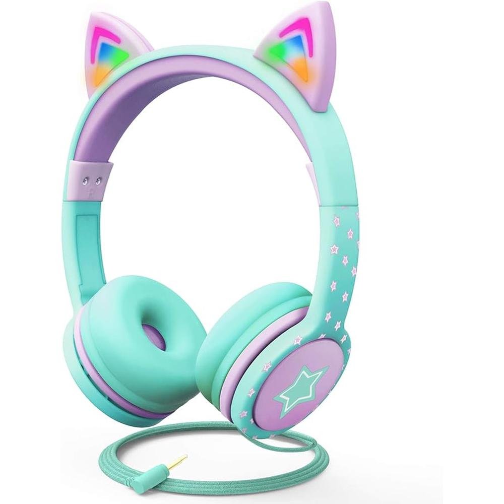 FosPower Kids Headphones with LED Cat Ears (85dB Safe – Front View