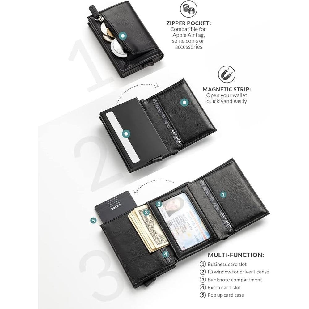 Vulkit Credit Card Holder: VULKIT Leather Bifold Pop-up – Close-up Detail