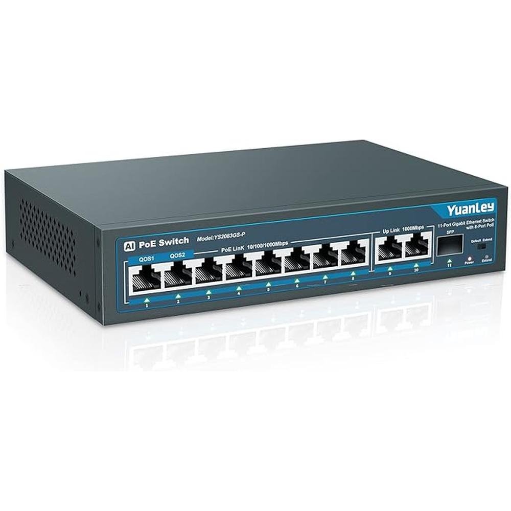 YuanLey 8 Port Gigabit PoE Switch with 2 Gigabit Uplink – Front View
