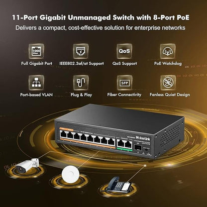 MokerLink 11 Port Gigabit PoE Switch with 8 PoE+ Port – In Use