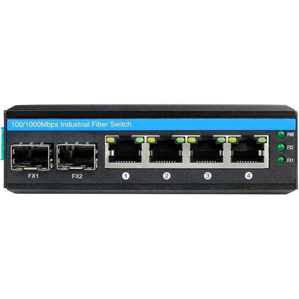 6-Port Hardened Industrial Gigabit PoE+ DIN-Rail Fiber – Front View