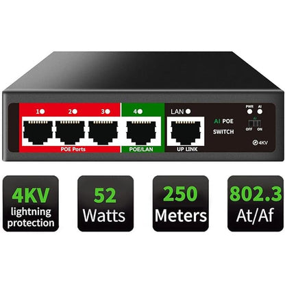 STEAMEMO 5 Port AI PoE Switch (4 POE Ports +1 Uplink) – Front View