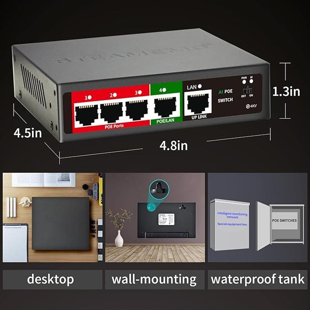 STEAMEMO 5 Port AI PoE Switch (4 POE Ports +1 Uplink) – Packaging