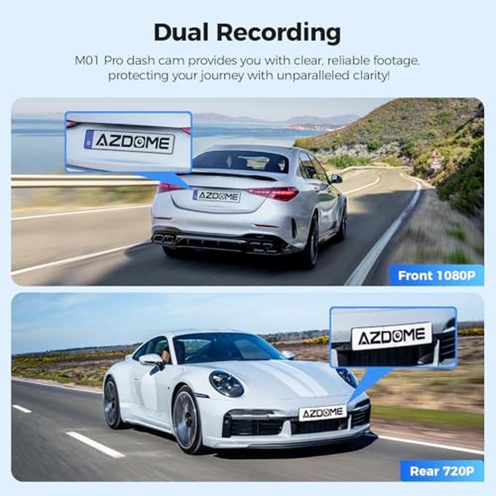 AZDOME M01 Dual Dash Cam: Front and Rear 1080p & 720p – In Use