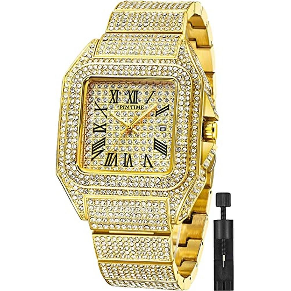 Watch Fashion: Hip Hop Mens Crystal Watch Rectangle Case – Front View