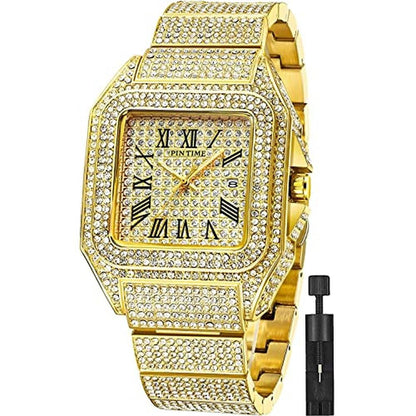 Watch Fashion: Hip Hop Mens Crystal Watch Rectangle Case – Front View