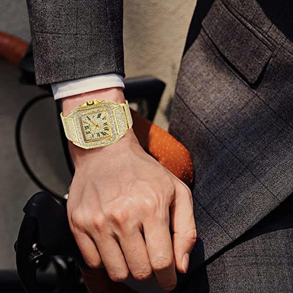 Watch Fashion: Hip Hop Mens Crystal Watch Rectangle Case – In Use