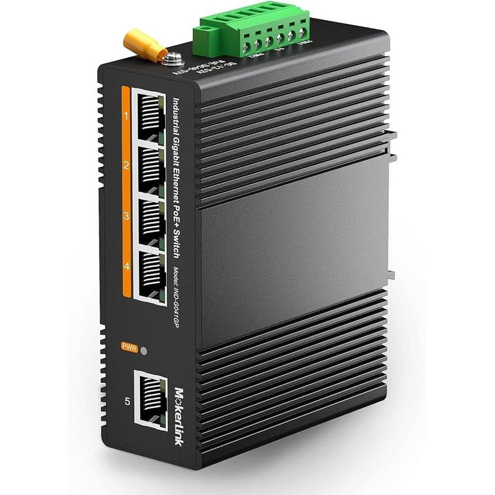 MokerLink 5 Port PoE Gigabit Industrial DIN-Rail Ethernet – Front View