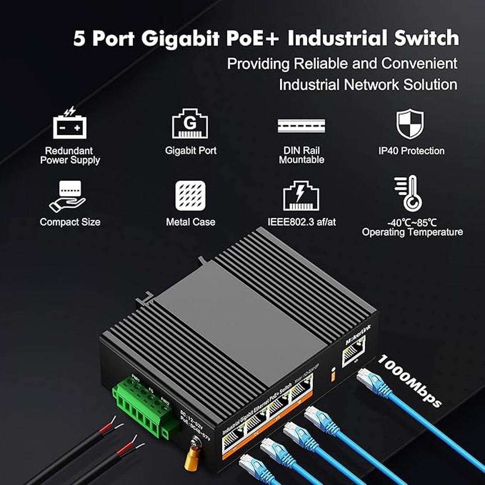 MokerLink 5 Port PoE Gigabit Industrial DIN-Rail Ethernet – Close-up Detail