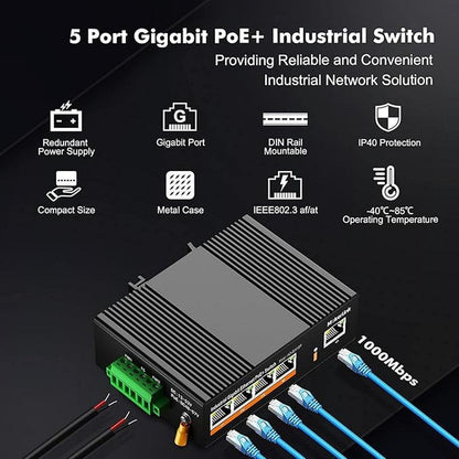 MokerLink 5 Port PoE Gigabit Industrial DIN-Rail Ethernet – Close-up Detail