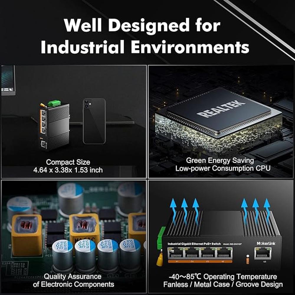 MokerLink 5 Port PoE Gigabit Industrial DIN-Rail Ethernet – Packaging