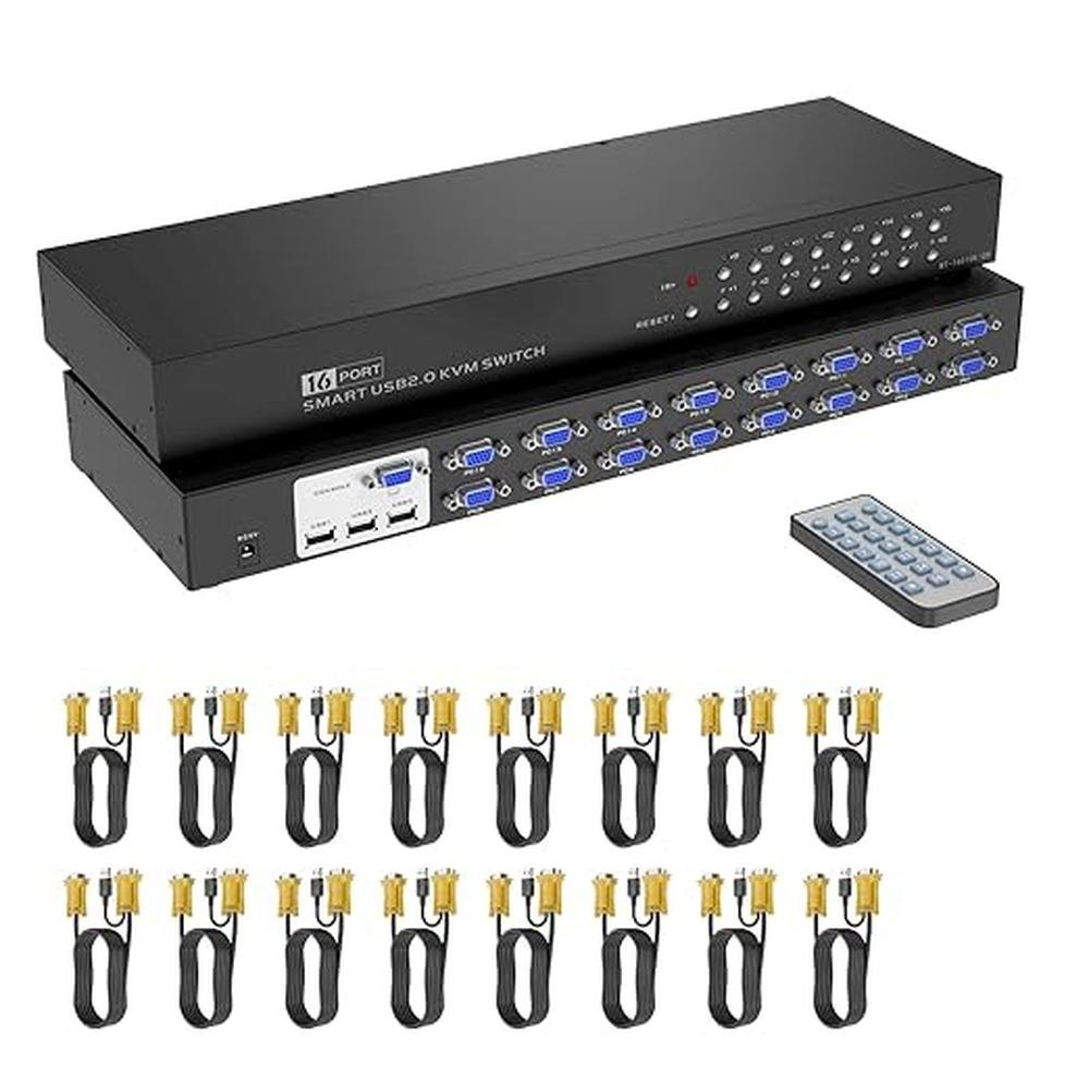 KVM Rack: Yinker 16-Port KVM Switch with VGA and IR Remote – Front View