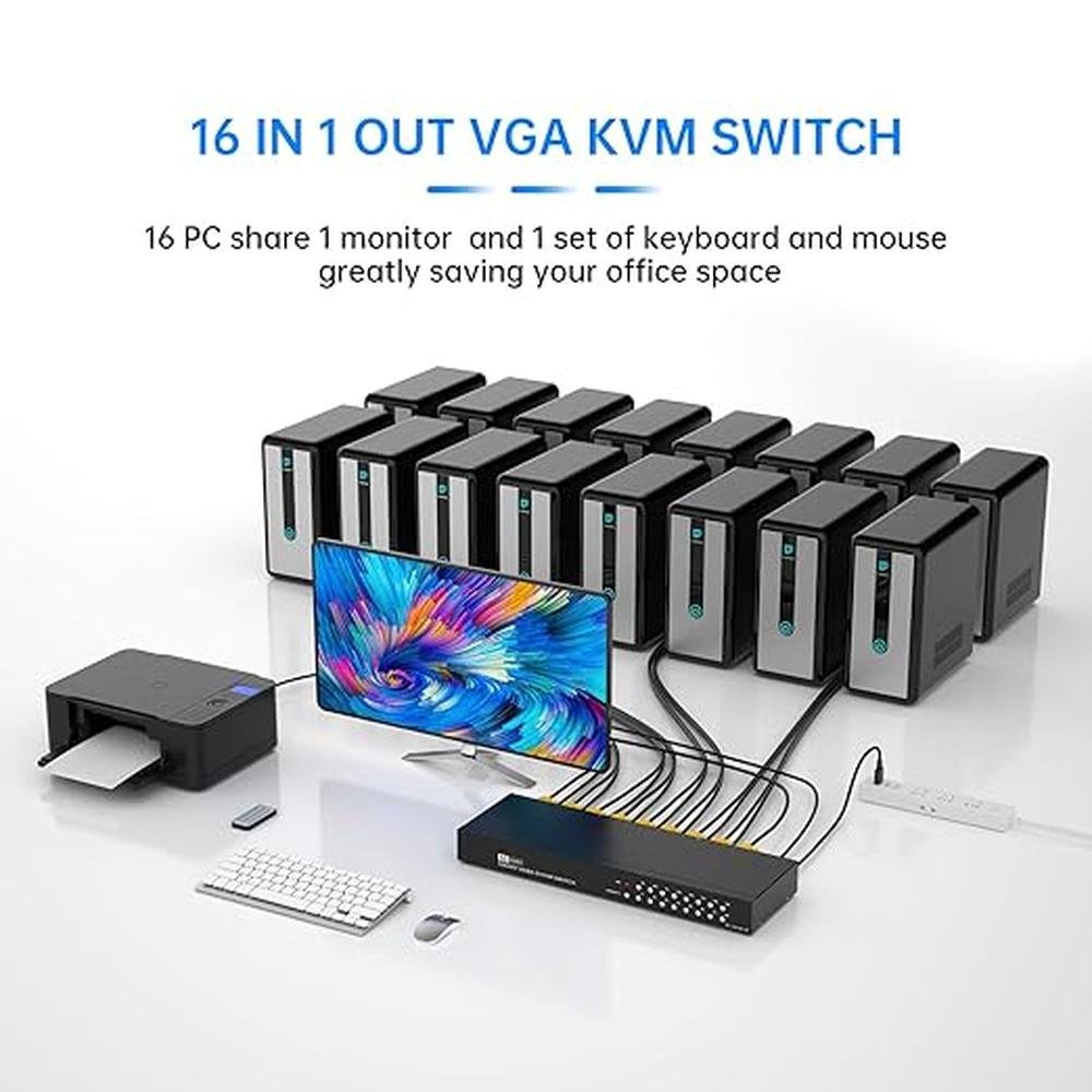 KVM Rack: Yinker 16-Port KVM Switch with VGA and IR Remote – Side View