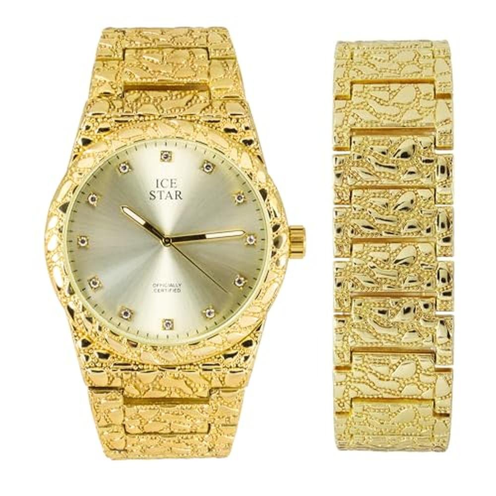 Techno Pave: Men's 45mm Nugget Design Watch & Bracelet Set – Front View
