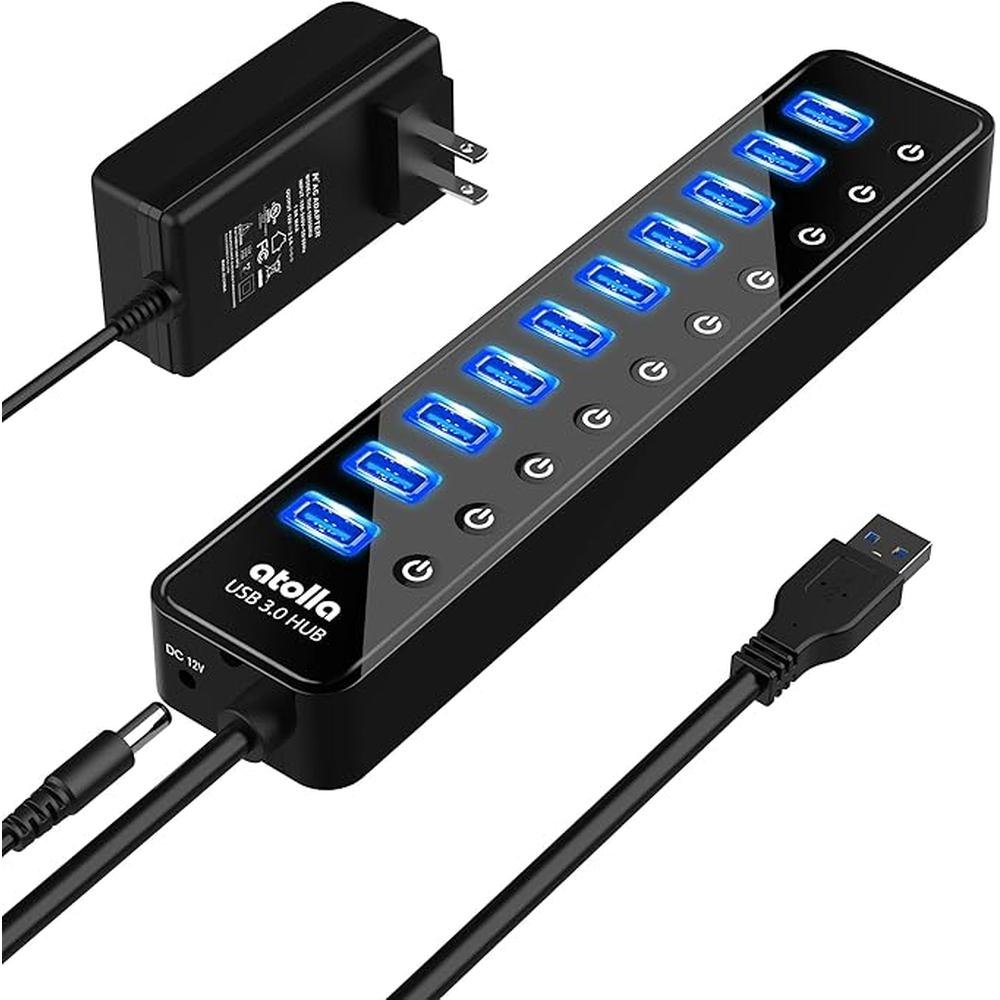 Powered USB 3.0 Hub: atolla 10 Ports USB Data Hub Splitter – Front View