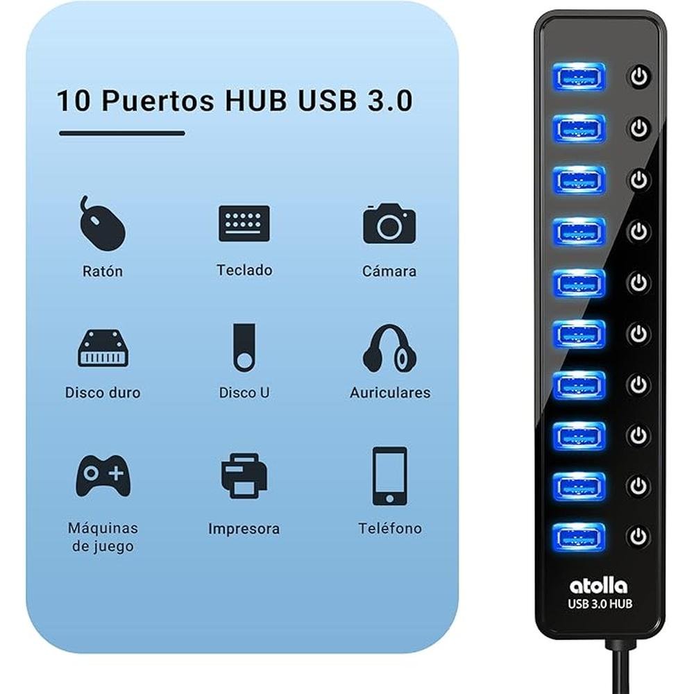 Powered USB 3.0 Hub: atolla 10 Ports USB Data Hub Splitter – Side View