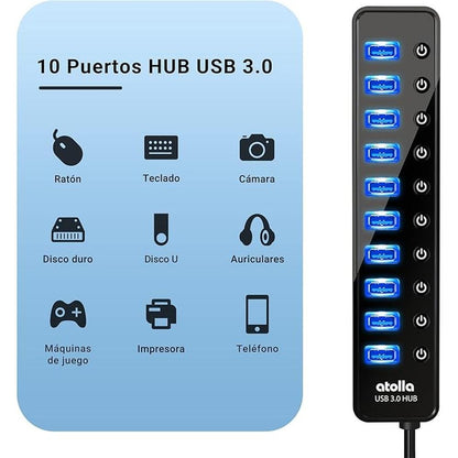 Powered USB 3.0 Hub: atolla 10 Ports USB Data Hub Splitter – Side View