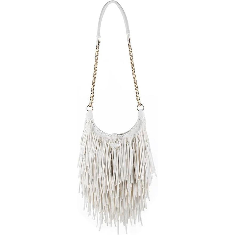 Women's Fringed Faux Suede Leather Cross Body Bag Chain – Front View