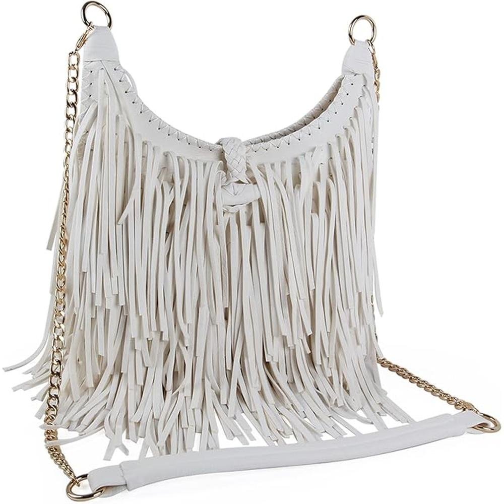 Women's Fringed Faux Suede Leather Cross Body Bag Chain – Side View