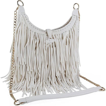 Women's Fringed Faux Suede Leather Cross Body Bag Chain – Side View