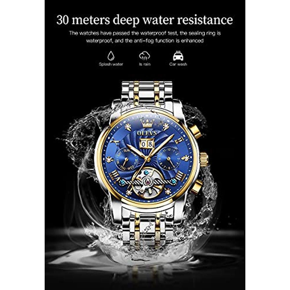 Olevs Men's Luxury Automatic Watch Skeleton 5 Hands – In Use