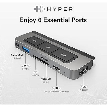 HyperDrive 6-in-1 USB C Hub: Premium Media Controls and – Close-up Detail