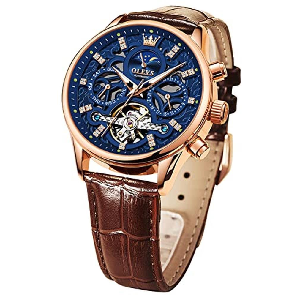 OLEVS Men Skeleton Watch: Automatic Mechanical Dress Casual – Front View