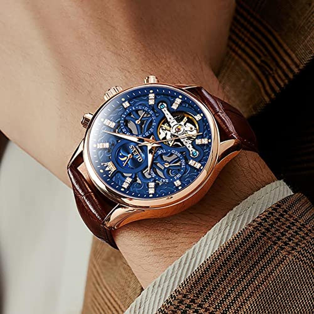 OLEVS Men Skeleton Watch: Automatic Mechanical Dress Casual – In Use