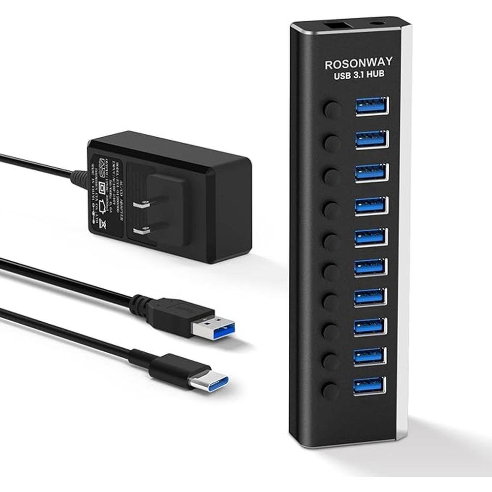 Powered USB Hub: Rosonway 10 Port USB 3.1/3.2 Gen 2 Hub – Front View