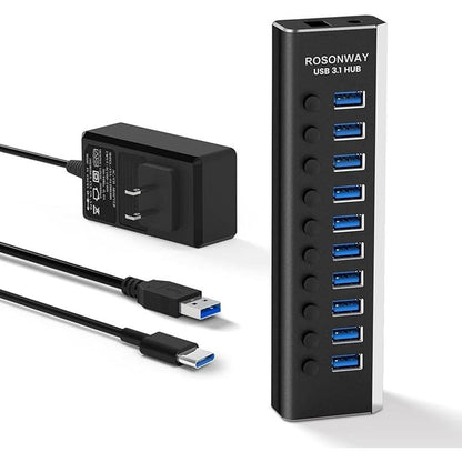 Powered USB Hub: Rosonway 10 Port USB 3.1/3.2 Gen 2 Hub – Front View