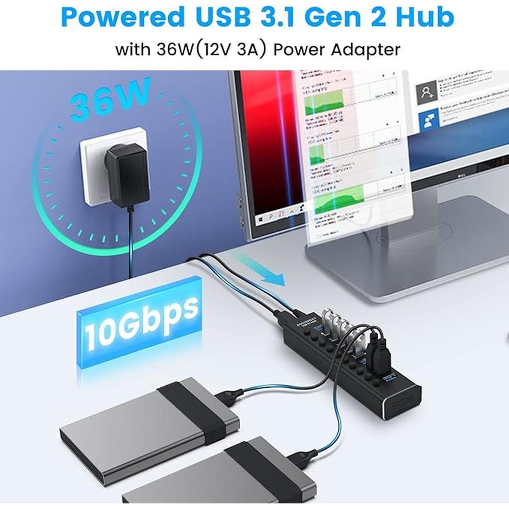 Powered USB Hub: Rosonway 10 Port USB 3.1/3.2 Gen 2 Hub – Side View