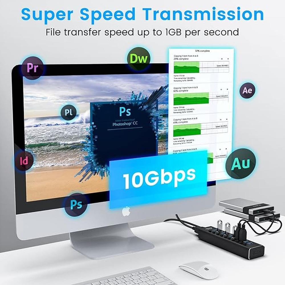Powered USB Hub: Rosonway 10 Port USB 3.1/3.2 Gen 2 Hub – Close-up Detail