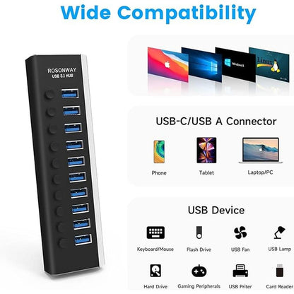 Powered USB Hub: Rosonway 10 Port USB 3.1/3.2 Gen 2 Hub – In Use