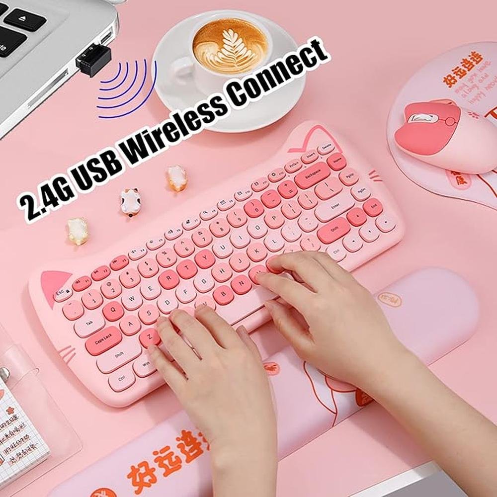 Cute Cat: 2.4G USB Wireless Keyboard and Mouse Combo Silent – In Use