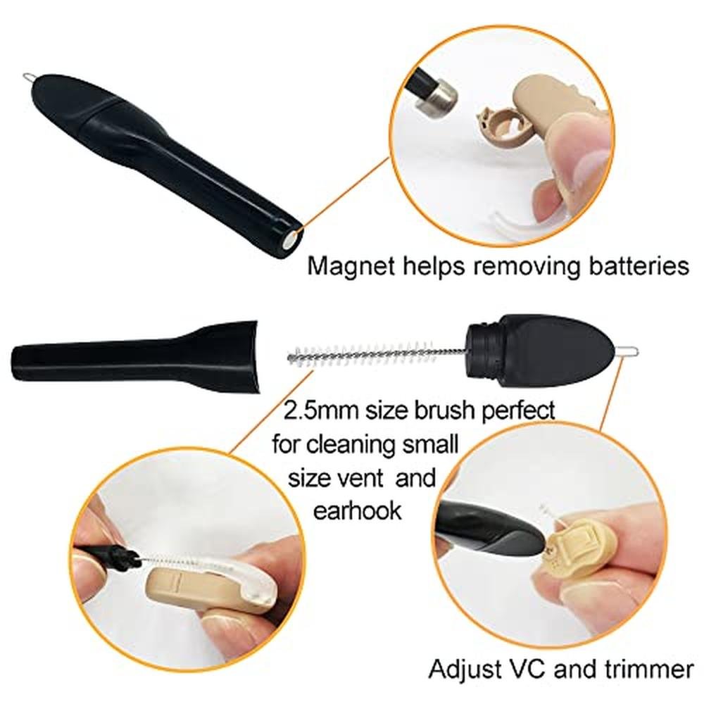 Hearing Aid Pieces: 12-Piece Cleaning Brush Kits with Wax – Close-up Detail