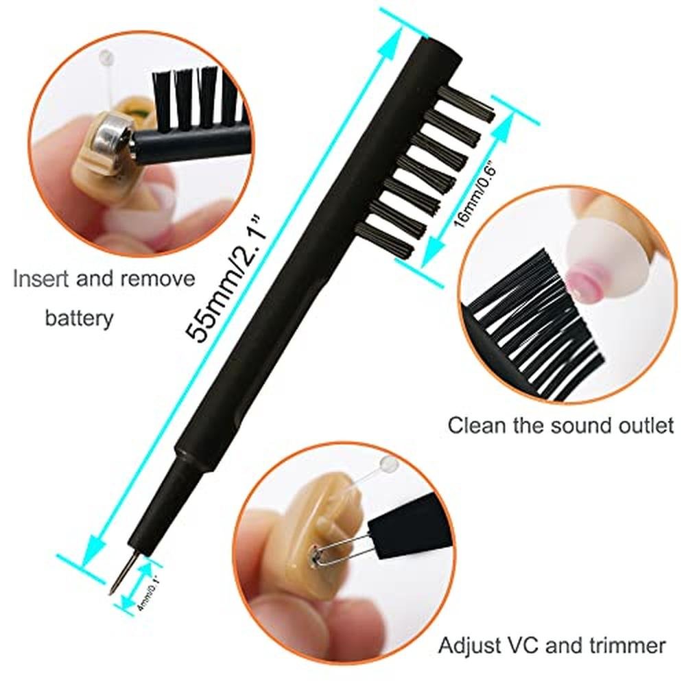 Hearing Aid Pieces: 12-Piece Cleaning Brush Kits with Wax – In Use