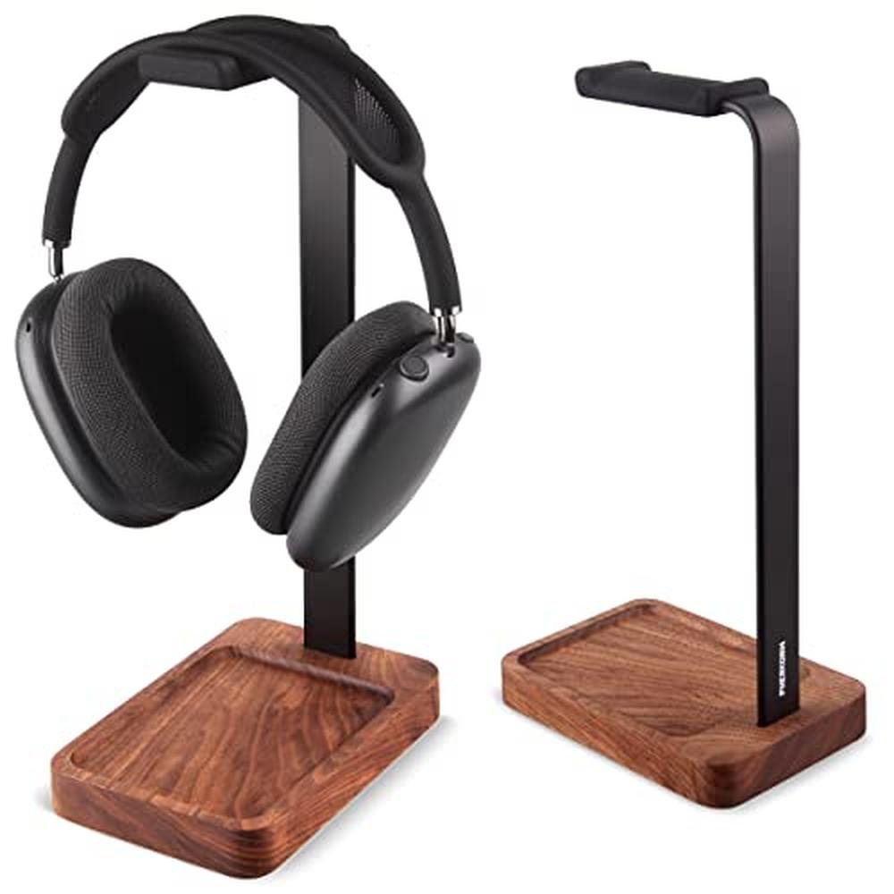 Walnut Holder: PHERKORM Walnut Wood Aluminum Headset Holder – Front View