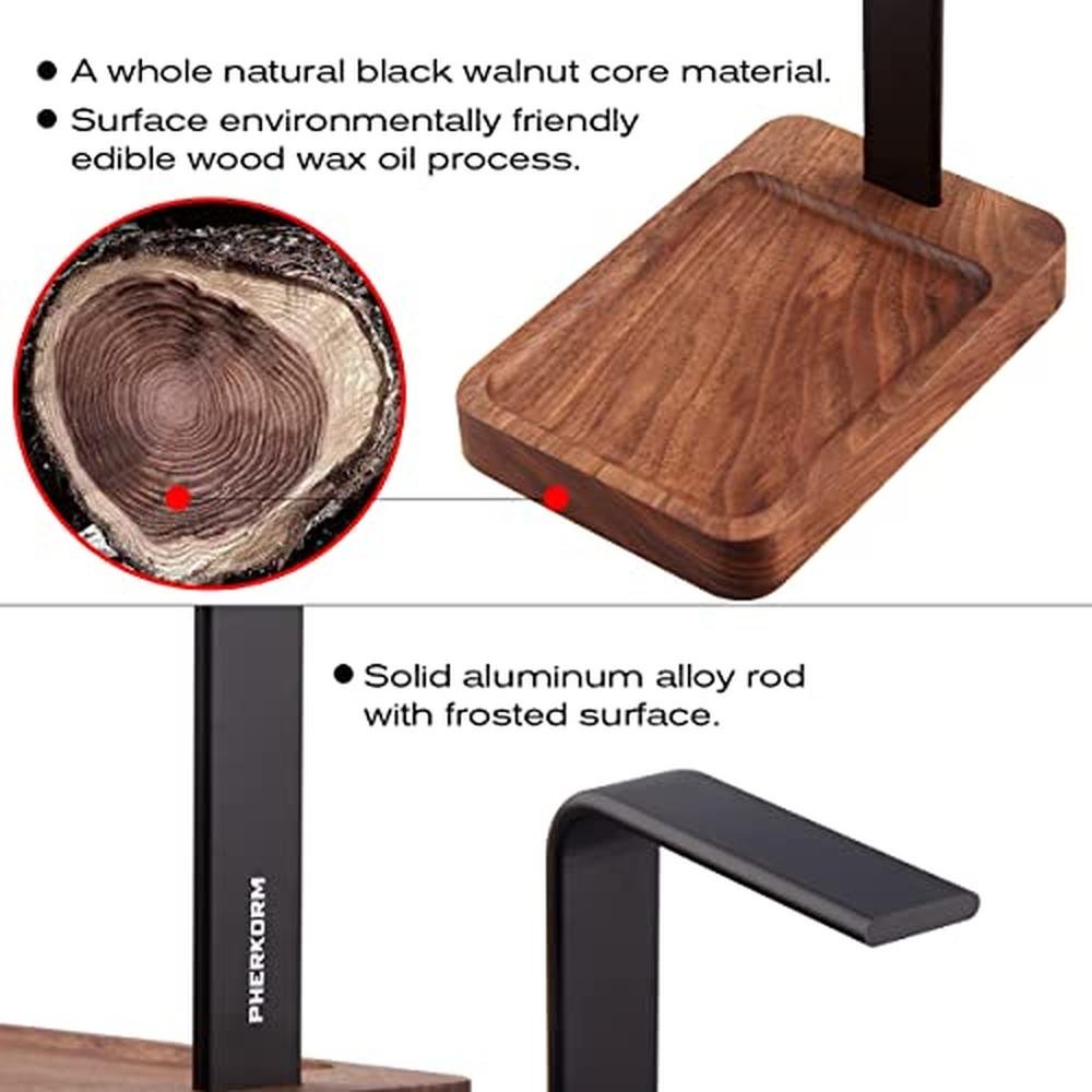 Walnut Holder: PHERKORM Walnut Wood Aluminum Headset Holder – Close-up Detail