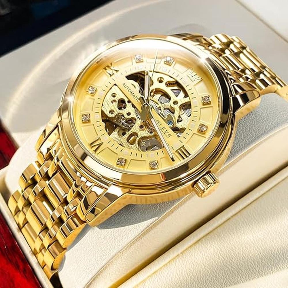 Olevs Men's Gold Skeleton Watch – Side View