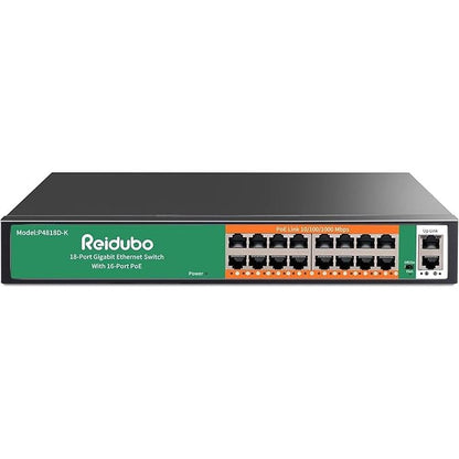 18 Ports Gigabit PoE Switch: 16 Port Gigabit PoE+ Network – Front View