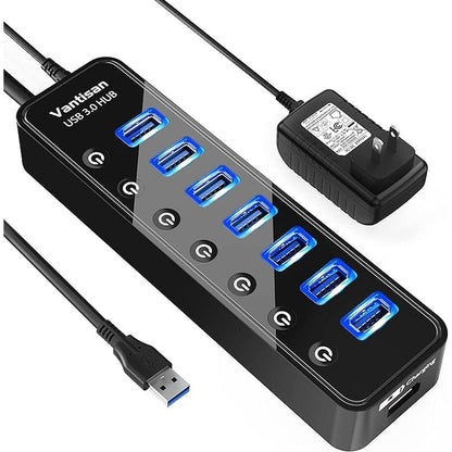 USB Hub 3.0 Powered: 7 Ports USB Data Hub Splitter with One – Front View