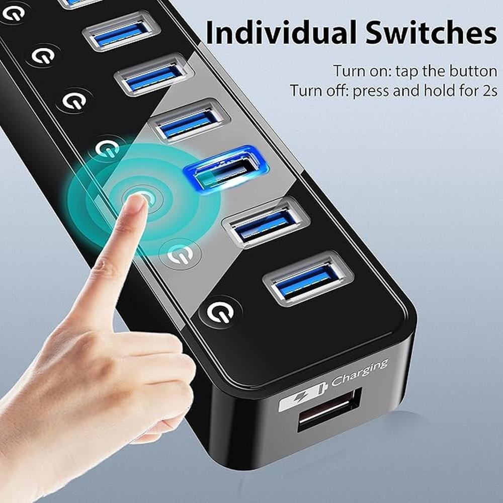 USB Hub 3.0 Powered: 7 Ports USB Data Hub Splitter with One – Side View