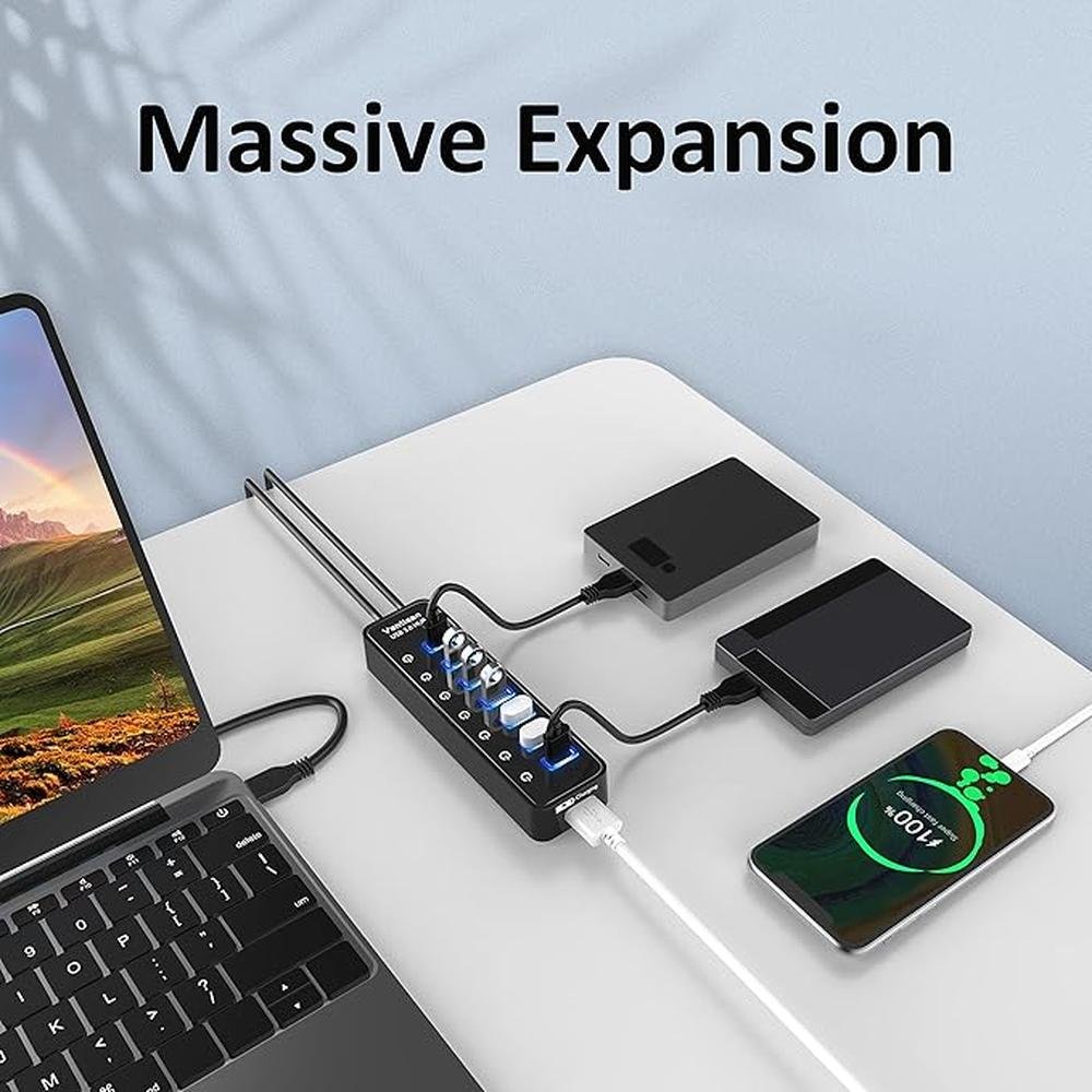 USB Hub 3.0 Powered: 7 Ports USB Data Hub Splitter with One – Close-up Detail