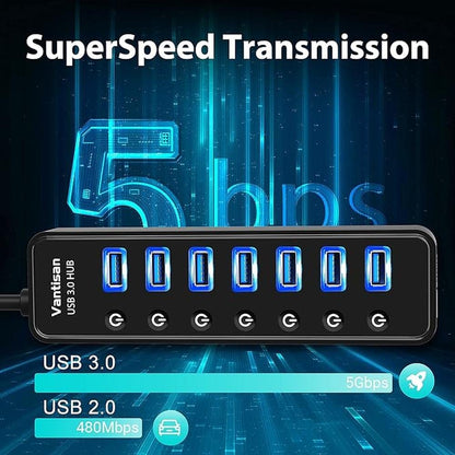 USB Hub 3.0 Powered: 7 Ports USB Data Hub Splitter with One – In Use